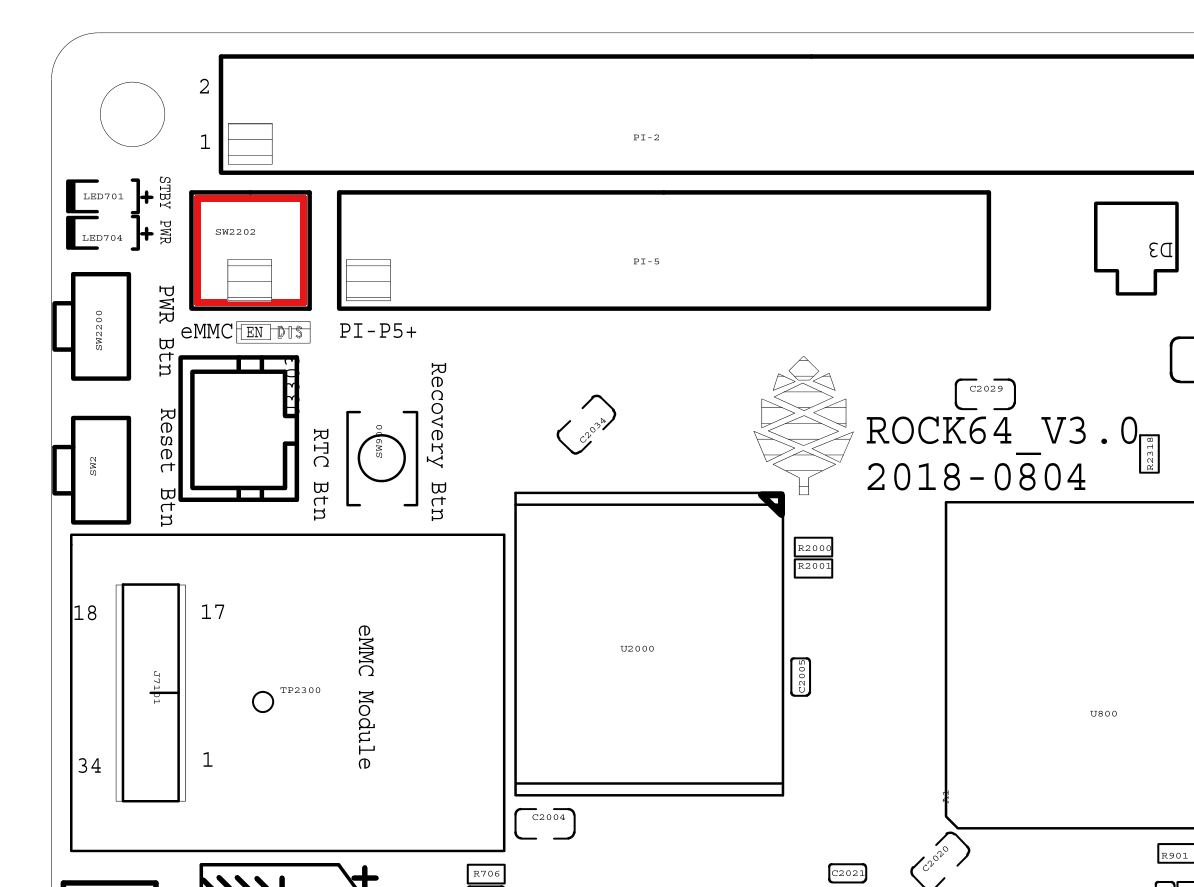 Position of the two-pin header for disabling the optionally installed eMMC module (highlighted in red)