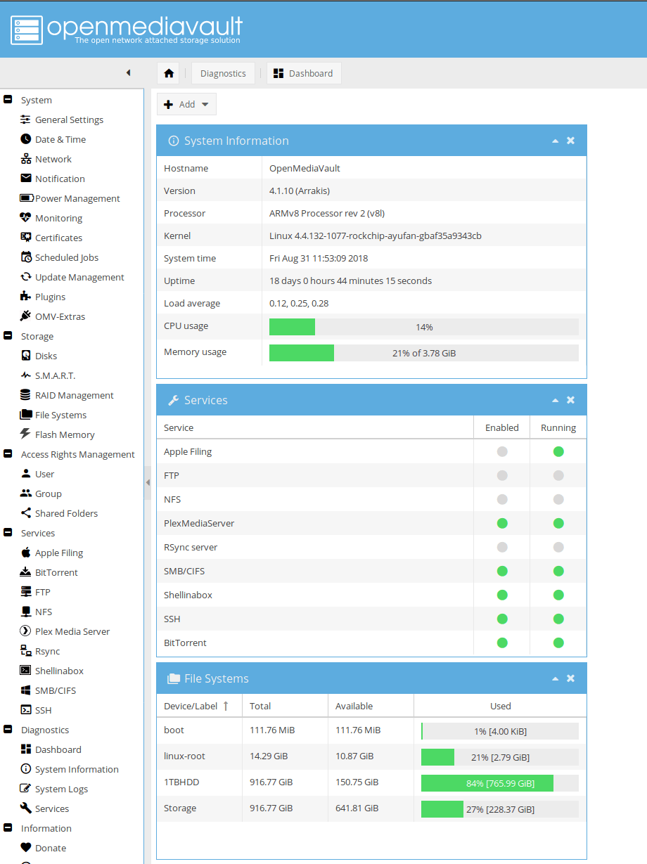 The OMV WebGUI is easy to understand but also very robust. It offers easy installation of plugins, system administration and overview of available services