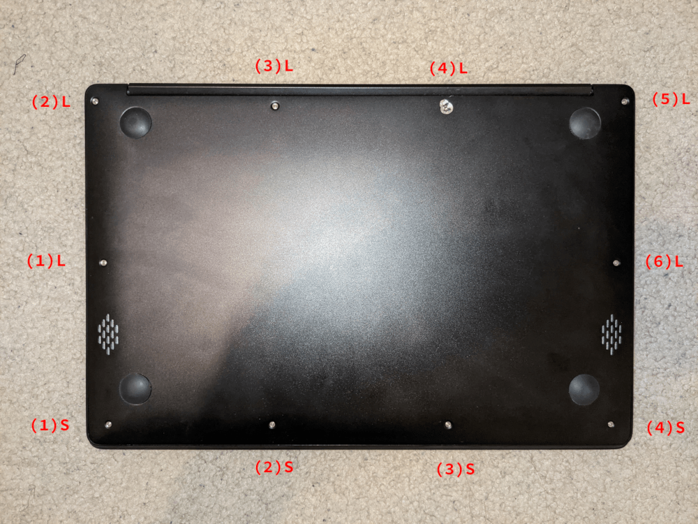 Pinebook Pro external screws (this particular unit has suffered damage on screw (4)L)