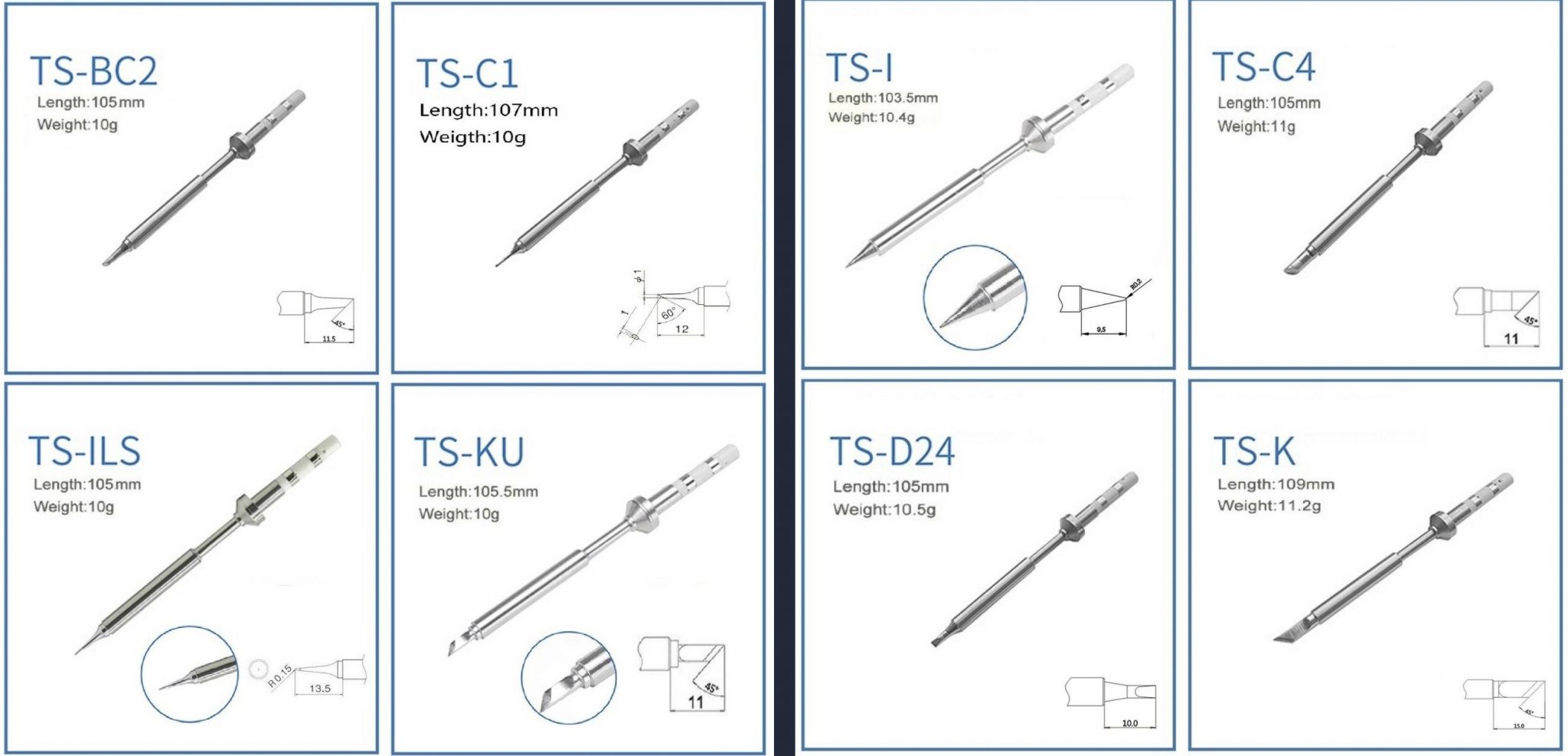 Regular Length TS Tips: Left= Fine set, Right = Gross set. Both TS sets have ~8.0 ohm tips and are the standard length similar to other TS100 style tips.